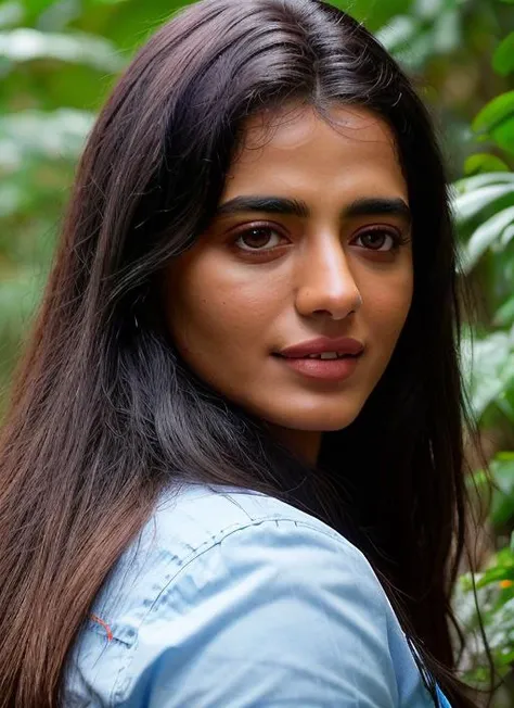 Should be one lady from front side with tears of fear in her eyes hair is super black  on front and her skin colour is eye catching and wearing half sleeves shirt  and rich fashion girl looking her hair color and skin color to be rich in color and These thing makes her popup from the background
