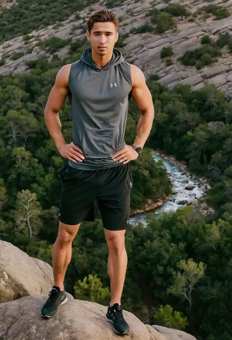 photo of Zayn Malik a man <lora:Carrington-Rodriguez_Zayn-Malik:1>, wearing a sleeveless well-fitted under armour hoodie and compression shorts, standing on a boulder, outdoor trail, 35mm photograph, film, bokeh, professional, 4k, highly detailed, creek in the background, natural lighting, golden hour