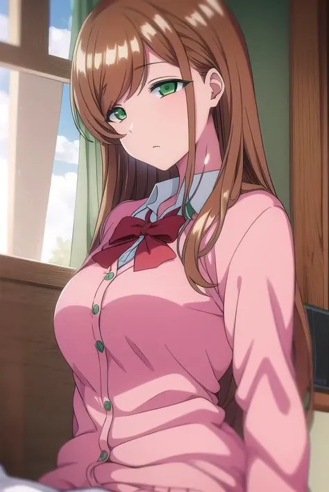 minakosanada, <lyco:minakosanada-lyco-nochekaiser:1>,
minako sanada, long hair, brown hair, (green eyes:1.5),
BREAK long sleeves, bow, school uniform, bowtie, red bow, cardigan, pink cardigan,
BREAK looking at viewer,
BREAK indoors, classroom,
BREAK <lora:GoodHands-vanilla:1>, (masterpiece:1.2), best quality, high resolution, unity 8k wallpaper, (illustration:0.8), (beautiful detailed eyes:1.6), extremely detailed face, perfect lighting, extremely detailed CG, (perfect hands, perfect anatomy),