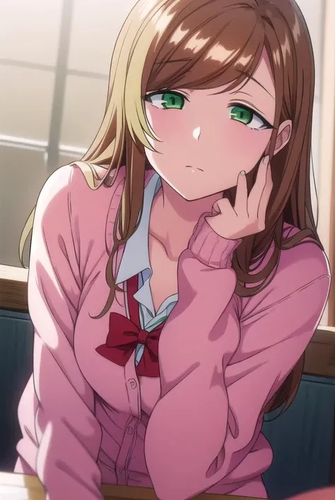 minakosanada, <lyco:minakosanada-lyco-nochekaiser:1>,
minako sanada, long hair, brown hair, (green eyes:1.5),
BREAK long sleeves, bow, school uniform, bowtie, red bow, cardigan, pink cardigan,
BREAK looking at viewer,
BREAK indoors, classroom,
BREAK <lora:GoodHands-vanilla:1>, (masterpiece:1.2), best quality, high resolution, unity 8k wallpaper, (illustration:0.8), (beautiful detailed eyes:1.6), extremely detailed face, perfect lighting, extremely detailed CG, (perfect hands, perfect anatomy),