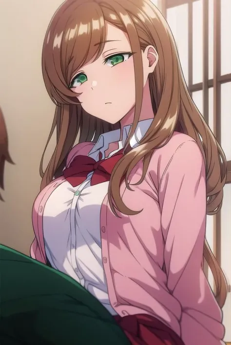 minakosanada, minako sanada, long hair, brown hair, (green eyes:1.5), BREAK long sleeves, bow, school uniform, bowtie, red bow, cardigan, pink cardigan, BREAK looking at viewer, BREAK indoors, classroom, BREAK (masterpiece:1.2), best quality, high resolution, unity 8k wallpaper, (illustration:0.8), (beautiful detailed eyes:1.6), extremely detailed face, perfect lighting, extremely detailed CG, (perfect hands, perfect anatomy), she is having contractions, bend over and holding her belly trying to endure the pain ,anime Pregnant Belly, Pregnant belly, holding belly, in pain face, labor contractions sweating, in pain, very bend down, open mouth, >oo<, pain face, giving birth, in labor pains