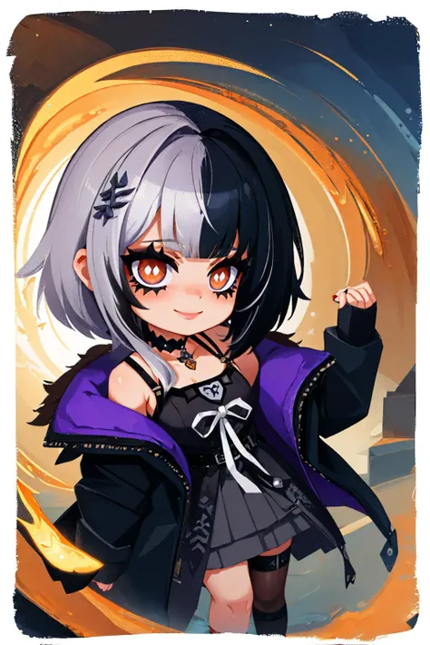 (masterpiece, best quality:1.2), border, chibi, solo, 1girl, ShioriBase, smile, looking at viewer, split-color hair, hair ornament, choker, black dress with white ribbon, black jacket, fur trim, belt, asymmetrical legwear <lora:style_onmyoji-20:1> <lora:ShioriV2:0.9>