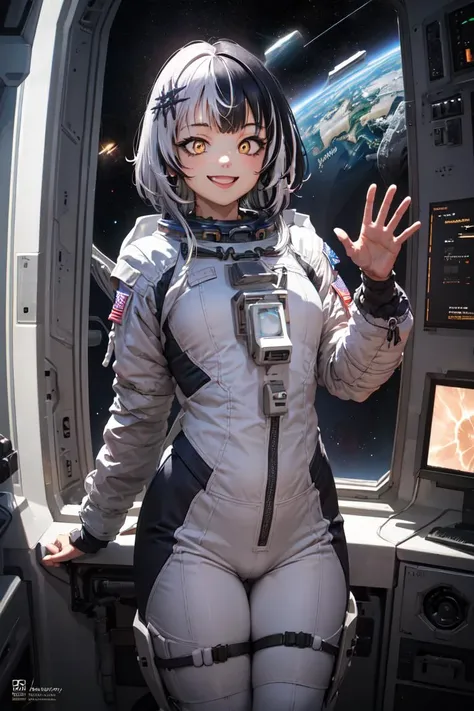 masterpiece, best quality, absurdres, perfect anatomy, 1girl, solo, ShioriNovella, split-color hair, hair ornament, astronaut suit, dutch angle, wide shot, smile, laughing, window, space station, planet, earth, galaxy, space, universe, star, milky way, nebula, <lora:CHAR-ShioriNovella_v1.0:1>