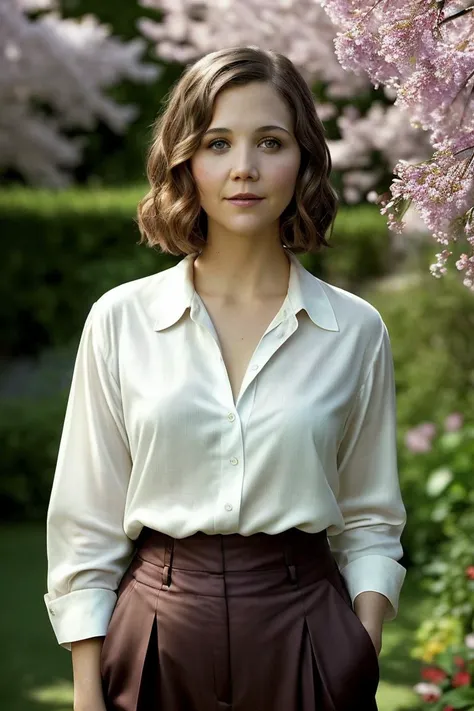 photo of seductive (m4gg13gyl3nh44l:0.99), a woman as a sexy housewife, (closeup portrait:1.2), (buttoned up shirt:1.1), in a (garden with a house in the background), (long trousers), (masterpiece:1.5) (photorealistic:1.1) (bokeh) (best quality) (detailed skin texture pores hairs:1.2) (intricate) (8k) (HDR) (wallpaper) (cinematic lighting) (sharp focus), (vivid atmosphere), (face focus), (cherry trees)