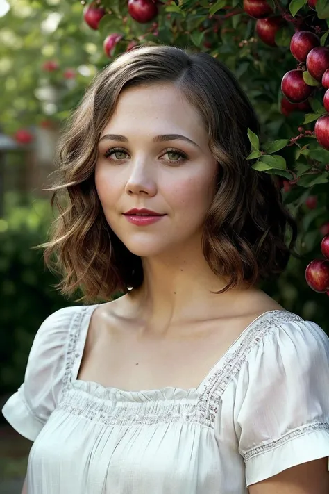photo of seductive (m4gg13gyl3nh44l:0.99), a woman as a sexy housewife, (closeup portrait:1.2), (tight t-shirt:1.1), in a (garden with a house in the background), (long trousers), (masterpiece:1.5) (photorealistic:1.1) (bokeh) (best quality) (detailed skin texture pores hairs:1.2) (intricate) (8k) (HDR) (wallpaper) (cinematic lighting) (sharp focus), (vivid atmosphere), (face focus), (apple trees), (red lips)