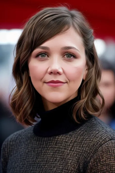 a photo of m4gg13gyl3nh44l, a woman (wearing a turtleneck jumper), on a premiere movie event, standing on the red carpet, (focus on face:1.2), (masterpiece:1.2), (photorealistic:1.2), (bokeh), (best quality), (detailed skin:1.2), (intricate details), (8k), (HDR), (cinematic lighting), (sharp focus), (close-up:1.2)