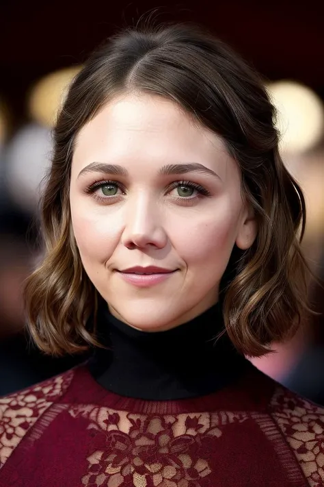 a photo of m4gg13gyl3nh44l, a woman (wearing a turtleneck jumper), on a premiere movie event, standing on the red carpet, (focus on face:1.2), (masterpiece:1.2), (photorealistic:1.2), (bokeh), (best quality), (detailed skin:1.2), (intricate details), (8k), (HDR), (cinematic lighting), (sharp focus), (close-up:1.2)