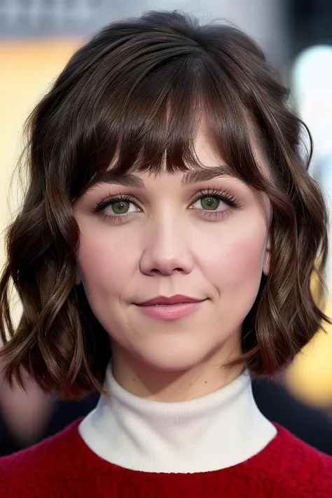 a photo of m4gg13gyl3nh44l, a woman (wearing a turtleneck jumper), on a premiere movie event, standing on the red carpet, (focus on face:1.2), (masterpiece:1.2), (photorealistic:1.2), (bokeh), (best quality), (detailed skin:1.2), (intricate details), (8k), (HDR), (cinematic lighting), (sharp focus), (close-up:1.2)