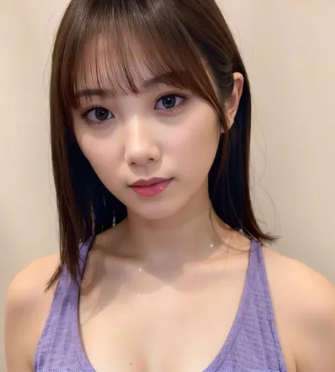 highest quality,masterpiece,Ultra-high resolution,(Realistic:1.4),Beautiful lighting, (Highly detailed CG Unity 8k wallpaper), Beautiful face in every detail,Detailed clothing, 50mm portrait photography, No background、One Girl,Big black eyes, cute, young, stop temporarily, Facial Lighting, Physically Based Rendering,Written boundary depth , Black Hair, Medium Hair, ((Take from above)), Japanese women、20-year-old、Tank top、(Big Breasts)、(Upper Body)、Young and beautiful woman taking a selfie, Taken with iPhone camera、In front of a white wall、The nipples are protruding