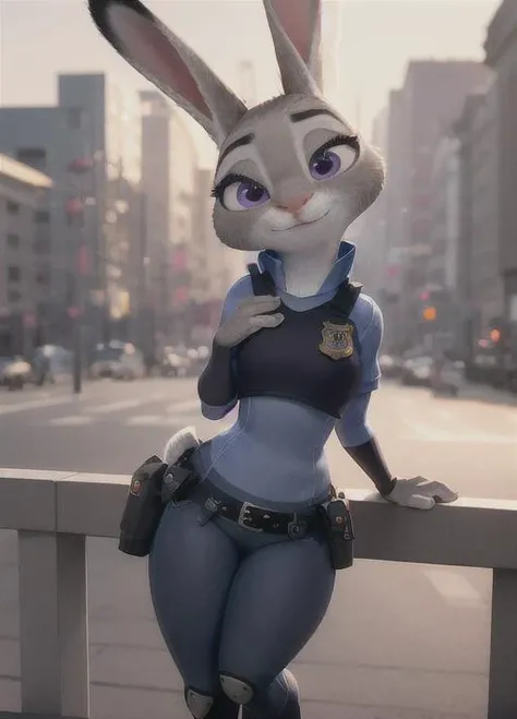 (best quality, masterpiece:1), furry female anthro judyhopps, portrait, police uniform, full uniform, rabbit tail, police belt, police badge, blue pants, smile, purple eyes, body fur, half-closed eyes, (detailed urban city background:1.1), 3d pixar style, sexy pose,