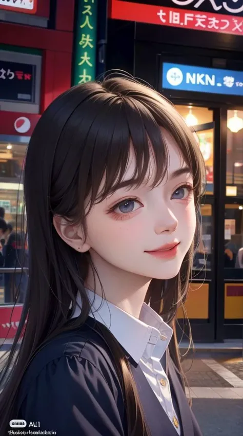 upper body shot,(8k, best quality, masterpiece:1.2), (realistic, photo-realistic:1.37), ultra-detailed,beautiful detailed sky,detailed cafe,night,sitting,dating,(nose blush),(smile:1.15),(closed mouth),beautiful detailed eyes,(smile:1.15),(closed mouth),beautiful detailed eyes,JK uniform, school unifrom, skirt, black pantyhose, high heel, street, city view, outdoor, shibuya \(tokyo\), shinjuku \(tokyo\),