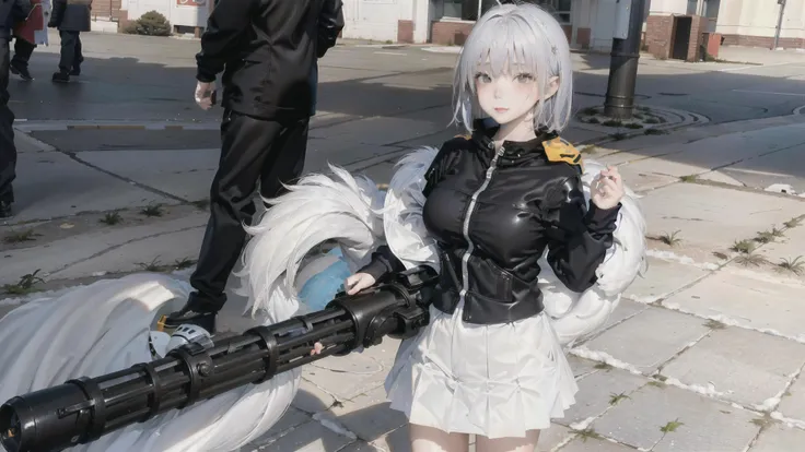 1girl, korean, outside, snow, (standing up, m134minigun), holding gun, <lora:m134v0-000003:.6>, ((short hair)), colorful, wearing puffer jacket, moncler jacket, ((photorealistic:1.4)), best quality, masterpiece, illustration, an extremely delicate and beautiful, extremely detailed ,CG ,unity ,8k wallpaper, Amazing, finely detail, masterpiece,best quality,official art, extremely detailed CG unity 8k wallpaper,huge filesize, ultra-detailed, highres, extremely detailed, beautiful detailed girl, extremely detailed eyes and face, beautiful detailed eyes, breasts apart, perfect body, (platinum blonde hair: 1.3), lips apart, realistic light, realistic shadow,glimmering light, <lora:koreanDollLikeness_v15:1>, <ulzzang-6500:1>, <lora:cuteGirlMix4_v10:0.1>