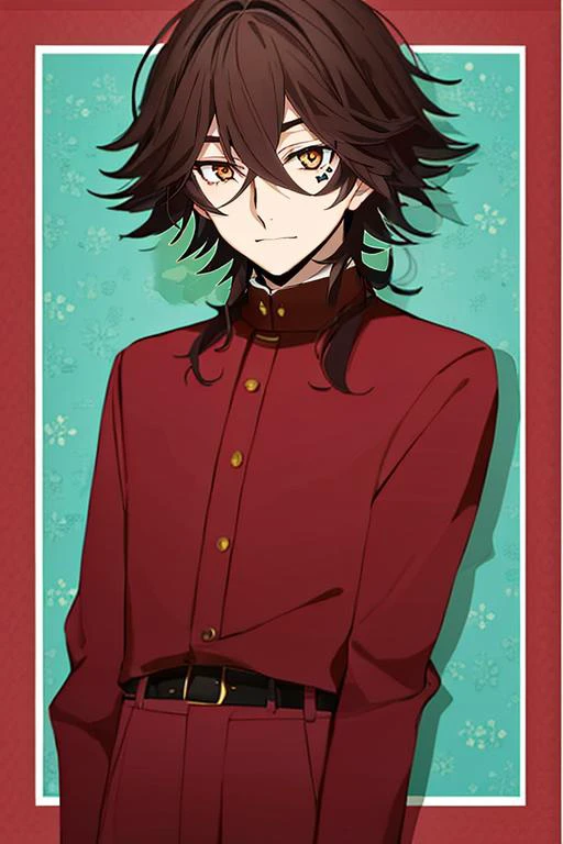 1boy, tetchou, <lora:Tetchou_Suehiro:1>, waist-up, brown hair, brown eyes, long sleeves, patterned background, border