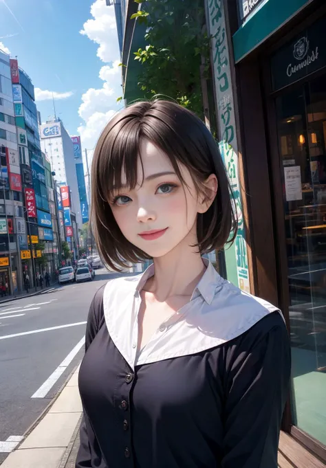 1 girl,solo,(8k, best quality, masterpiece:1.2), (realistic, photo-realistic:1.37), ultra-detailed,beautiful detailed sky,detailed cafe,night,sitting,dating,(nose blush),(smile:1.15),(closed mouth),beautiful detailed eyes,(smile:1.15),(closed mouth),beautiful detailed eyes,JK uniform, school unifrom, skirt, black pantyhose, high heel, street, city view, outdoor, shibuya \(tokyo\), shinjuku \(tokyo\),
