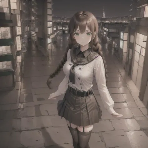 masterpiece, best quality, 1girl, noshiro, brown_hair, twin_braids, [green] eyes, masterpiece, medium breasts, long_hair, brown_hair, twin_braids, braid, [ light green] eyes, thighhighs, long_sleeves, school_uniform, pleated_skirt, serafuku, black_skirt, black_shirt, dress_shirt, swept_bangs, garter_straps, black_sailor_collar, sailor_shirt, black_belt, belt_buckle, from above, height difference, at night, night illumination, tokyo, street scenery