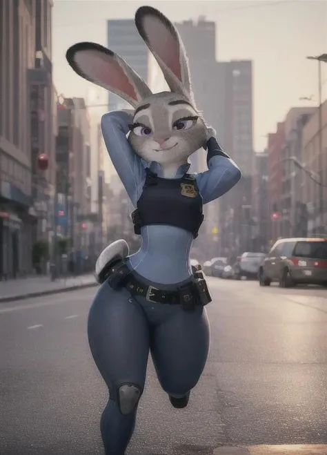 (best quality, masterpiece:1), furry female anthro judyhopps, portrait, police uniform, full uniform, rabbit tail, police belt, police badge, blue pants, smile, purple eyes, body fur, half-closed eyes, (detailed urban city background:1.1), 3d pixar style, sexy pose,