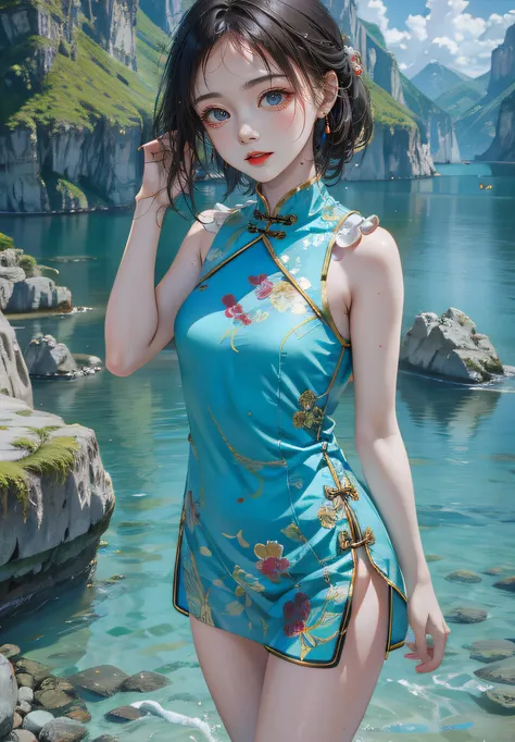 (High resolution,high intensity lighting,4K),長いface,One person,face,详细的face,Tropical Garden,Short fine hair,She has butterflies on her head,クローズアップface,Midday Sun,Huge boobs),View your viewers,Close range - intensity,Blue Dress,Keep your mouth shut,