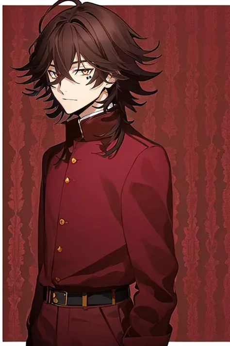 1boy, tetchou, <lora:Tetchou_Suehiro:1>, waist-up, brown hair, brown eyes, long sleeves, patterned background, border