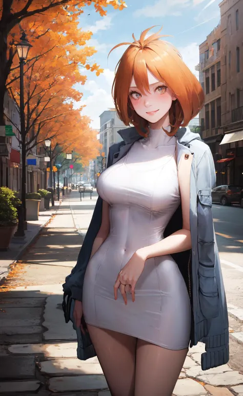 (masterpiece:1.2), best quality, absurdres, illustration, 8k, realistic shadows,cowboy shot,  blush, detailed shadows,  skindentation, long eyelashes, beautiful detailed eyes, ultra-realistic, realistic, perfect pupils,  hdr, upper body, light smile
outdoors, park, paved way, flowers,
Azusa, 1girl, jacket, sweater, holding, breasts, dress, full body, standing, sweater dress