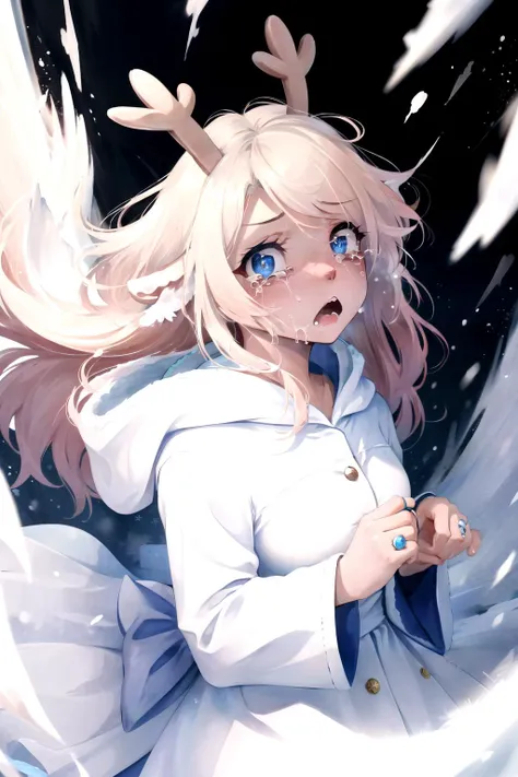 solo, masterpiece, best quality, wide shot, sad, 1girl, (snowflakes), snow, snowing, <lora:noelle-18:1>, noelleholiday, blonde hair, long hair, furry, white dress, empty eyes, no pupils, tears, <lora:rageModeLoraTest_v10:.3>, ragemode, wild hair, wind, standing, casting spell, power lines, aqua background, white background, crying with eyes open, wide-eyed, ring, pearl ring, wristwatch,
