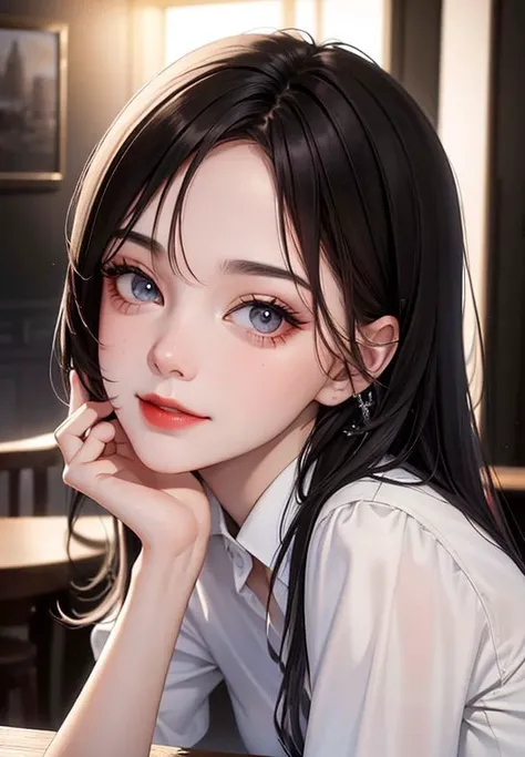 18 years old,sexy,porn,black hair,black eye, fashi-girl,red lips,makeup, 1girl,solo,looking at viewer,playful,small_breasts,slim body,dynamic angle, masterpiece, best quality, (extremely detailed CG unity 8k wallpaper, masterpiece, best quality, ultra-detailed, best shadow), (detailed background), (beautiful detailed face, beautiful detailed eyes), High contrast, (best illumination, an extremely delicate and beautiful), dynamic angle,beautiful detailed,professional lighting, photon mapping, radiosity, physically-based rendering, (8k, best quality, masterpiece:1.2), (realistic, photo-realistic:1.37), ultra-detailed,beautiful detailed sky,detailed cafe,night,sitting,dating,(nose blush),(smile:1.15),(closed mouth)
