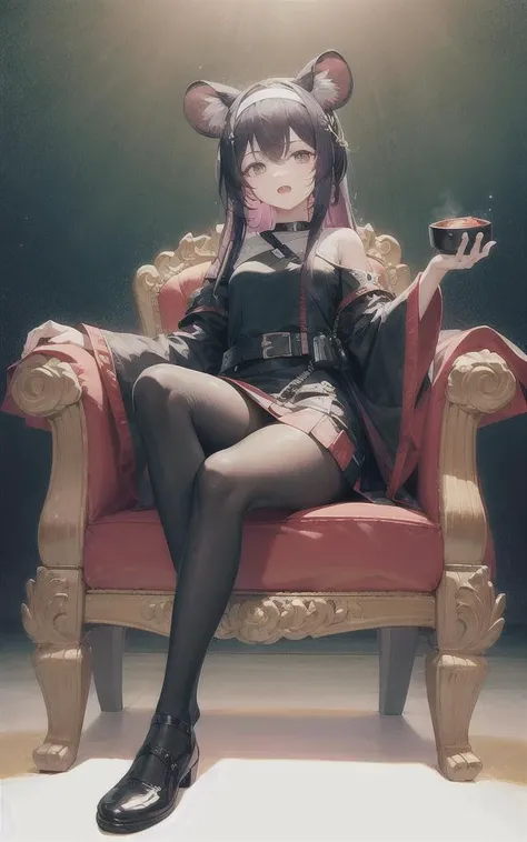 (detailed description), (best quality), detailed, red chair, solo, 1girl, ((lin_(arknights))), ((small ears)), small mouse ears, (small Mickey Mouse ears), pink ears, medium breast,  purple skirt, dress, ((black dress)), long sleeves, (wide sleeves), black sleeves, (black hairband), purple hair, crossed bangs, hair intakes, long hair, purple eyes, belt buckle, brown pantyhose, no shoes, sitting, full body, from below,  foreshortening, royal, ring, sexy legs, crossed legs, half open mouth, {contemptuous}, [angry]