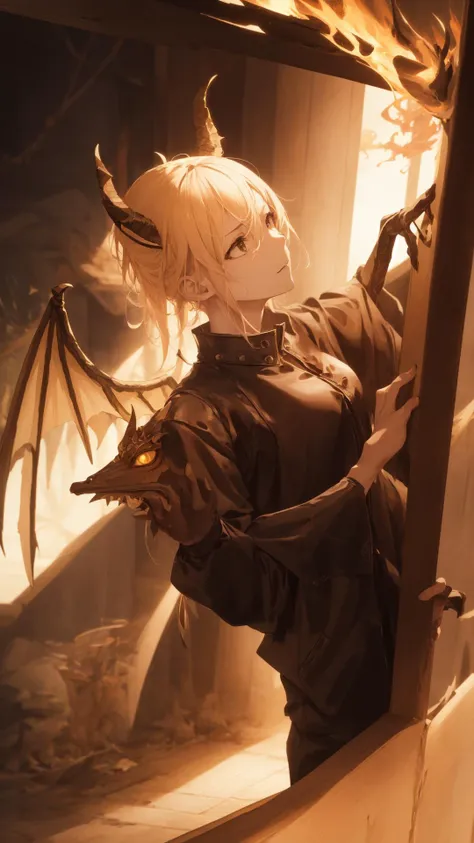 chromatic aberration, depth of field, soft lighting, masterpiece, best quality, intricate, tone mapped, highly detailed, artstation, concept art, smooth, sharp focus, dramatic lighting, highly detailed artwork, cinematic, hyper realistic painting, trending on Artstation, 8K, incredible shadows, realistic, (highly detailed background:1.0), a (dragon-headed:1.0) anthro woman grasping the bars of her jail cell, her hair is on fire with flames erupting from her face, she is (snarling:0.7) and (baring her fangs:0.7), she has (membranous wings:1.1) spread out, skin details, wearing a leather jacket with silver spikes, wild dirty blond hair