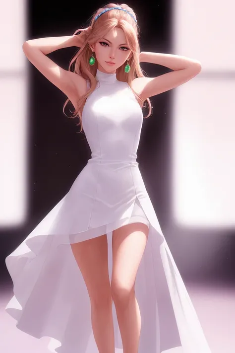 best quality, ultra high res, (photorealistic:1.4),Xenia-Krystal-0_2154, arms behind back,colorful, clear sharp focus, volumetric lighting, soft lights, cinematic lighting, cinematic effects, Intricate details, long_hair, looking_at_viewer, black_hair, dress, holding, jewelry, earrings, sleeveless, white_dress, blurry, black_eyes, realistic, standing, full body, (skinny:0.5)
