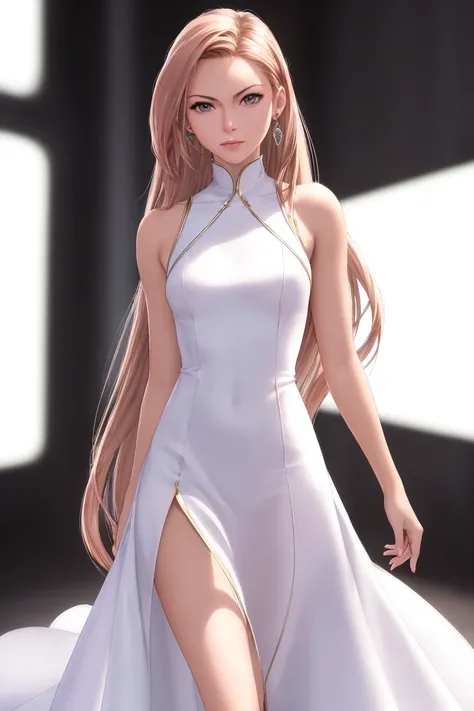 best quality, ultra high res, (photorealistic:1.4),Xenia-Krystal-Face-0_1388, arms behind back,colorful, clear sharp focus, volumetric lighting, soft lights, cinematic lighting, cinematic effects, Intricate details, long_hair, looking_at_viewer, black_hair, dress, holding, jewelry, earrings, sleeveless, white_dress, blurry, black_eyes, realistic, standing, full body, (skinny:0.5)