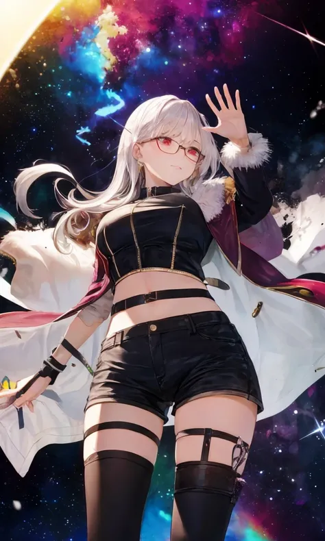 masterpiece, best quality, 8k, 4k, ultra-detailed, sharp details,
kama \(fate\), kamaadult, silver hair, red eyes, long hair, (large breasts, big breasts), narrow waist, thick thighs,
black shirt, purple jacket, fur collar, open zipper jacket, glasses, semi-rimless eyewear, beige mini shorts, (flat black cap), black legwear, thighband pantyhose, midriff, crossed shirt straps, boots, thigh strap,
disgust, looking down,
nebula, multicolored background, color splash,