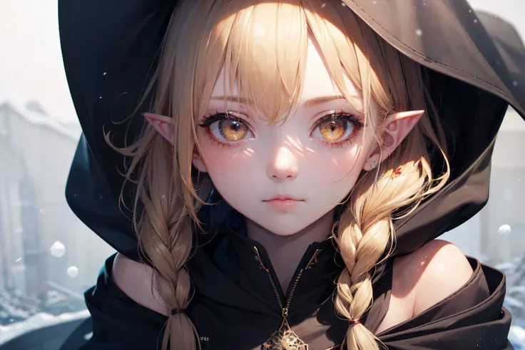 (masterpiece, best quality, absurdres), 3d render, cgi, symetrical, octane render, 35mm, intricate details, hdr, intricate details, hyperdetailed, natural skin texture, hyperrealism, sharp, (puffy eyes), ((aegyo sal)), hyper detailed, intricate detail, realistic skin (skindentation:1.4), ((detailed facial features)), shallow depth of field, [volumetric fog], cinematic lighting, reflections, 8k resolution, delicate,realism,High Detail, (ray tracing), highres, ultra detailed, physically-based rendering, ultra realistic, natural lighting, (extremely detailed CG 8k wallpaper), (an extremely delicate and beautiful), beautiful lighting, realistic shadows, [highres], detailed skin, ultra-detailed, (realistic, photorealistic : 1.4) BREAK 1girl, small breast, slim body, thin body, small body, (dark skin), skintight clothes, flat chest, yellow eyes, long braided hair, blonde hair, large pointy ears, off shoulder, (cloak, hooded cloak), looking at viewer , leaning forward , snow background