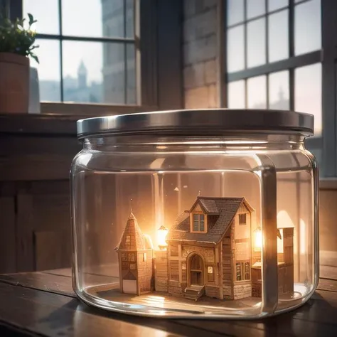 a medieval town stuffed inside a Square glass jar with lid, put on the windowsill,
extremely detail, 8K, doomsday punk style, miniatures, close-up macro photography