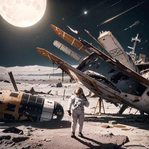 (a super huge wreckage of spaceship crashed on lunar surface:1.5), black sky with stars, with debris scattered around, (damaged, rusted, stained, cracked:1.3),
some small transport vehicles are driving to the distance, earth can be seen in the sky, one big and one small, in the sky, (an astronaut standing aside:1.5),
close look up view,
extremely detail, 8K, doomsday punk style, cool colors