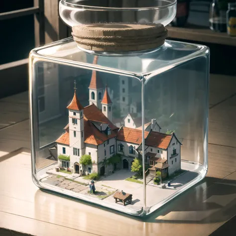 a Square glass jar with lid putting on the windowsill, a medieval town stuffed inside the jar,
extremely detail, 8K, doomsday punk style, miniatures, close-up view, macro photography