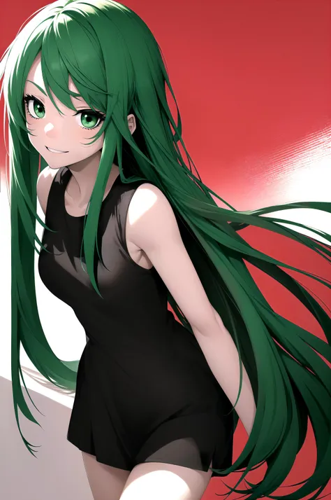highres, best quality, masterpiece, perfect shadow, very detailed, hyper detailed, detailed clothes, high resolution illustration,
BREAK
green hair, long hair, green eyes, straight hair, smile, teeth, slim, pale skin, slim, narrow waist, small breasts, black sundress, straight dress
BREAK
red wall background, simple background,