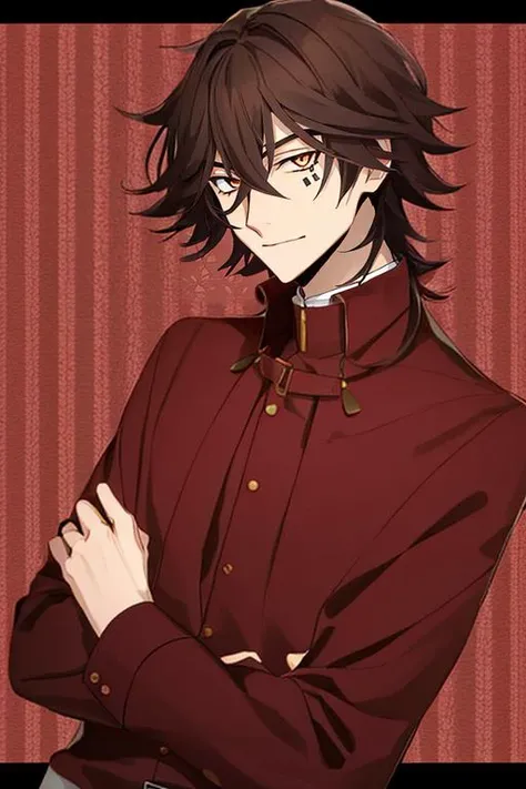 1boy, tetchou, <lora:Tetchou_Suehiro:1>, waist-up, brown hair, brown eyes, long sleeves, patterned background, border