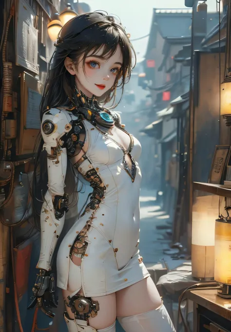 (8k, best quality, masterpiece:1.2), (realistic, photo-realistic:1.37), (best quality), ((an extremely delicate and beautiful)), ultra-detailed,
1 mechanical doll girl, multi-tied hair, crazy_smile, looking at phone, fishing, hair_pull, legs_over_head, Victoria black maid dress, no bra, open shirt, see-through, nipples show through, no bra, see-through, (((ground view down))),
((Chest covered)), cinematic light, ((upper torso hanging by wires)), ((Hanging by wires and tubes)), (machine made joints:1.2), ((mechanical limbs)), (blood vessels connected to tubes), (mechanical vertebra attaching to back), science fiction, artificial, fantasy futurism, steampunk, glowing lights, fantasy futuristic city, light leaks,
reelmech, <lora:Reel_mechanical_parts_v_1_3:1>,
small breasts, Perfect Perky Breasts, glamor, black hair, blue eye, fashi-girl, red lips, makeup, realistic, fashigirl, vivian, dataset, <lora:NIX_F6S4N5:1>, <lora:add_detail:0.1>,
