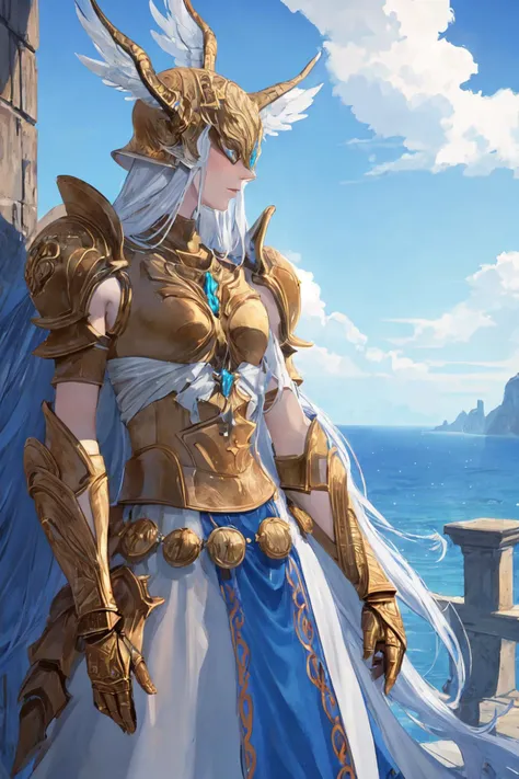 (masterpiece, best quality), outdoors, cliffside, ocean, from side, profile cowboy shot, 1girl, solo, HaloneFF14, <lora:HaloneFF14_V1-Manityro-dadapt:1>, winged helmet, helmet over eyes, gold armor, shoulder armor, breastplate, armored dress, gauntlets, belt,