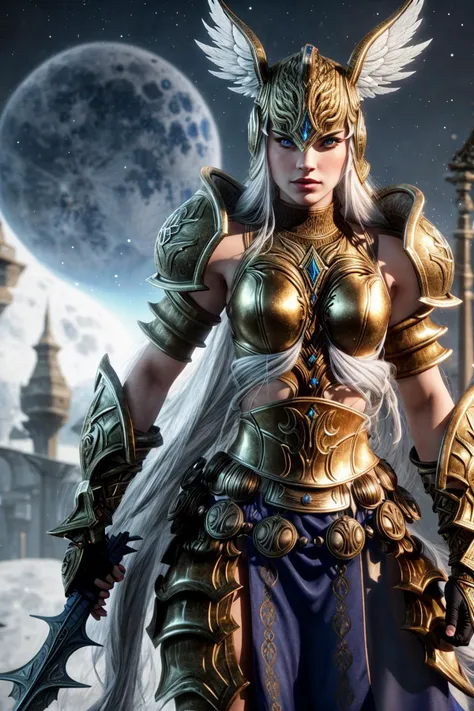 ((Masterpiece, best quality,edgQuality)), 
 outdoors, moon, cowboy shot, 1girl, solo, HaloneFF14,winged helmet, helmet over eyes, muscular, biceps, gold armor, shoulder armor, breastplate, armored dress, gauntlets, belt, holding polearm, holding shield, stance <lora:HaloneFF14_V1-Manityro-dadapt:1>