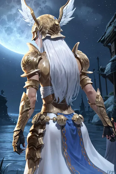 (masterpiece, best quality), outdoors, dark, night, full moon, from behind, cowboy shot, 1girl, solo, HaloneFF14, <lora:HaloneFF14_V1-Manityro-dadapt:1>, winged helmet, helmet over eyes, gold armor, shoulder armor, breastplate, armored dress, gauntlets, belt,