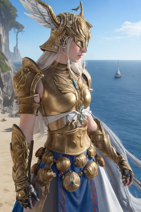 (masterpiece, best quality), outdoors, cliffside, ocean, from side, profile, cowboy shot, 1girl, solo, HaloneFF14, <lora:HaloneFF14_V1-Manityro-dadapt:1>, winged helmet, helmet over eyes, gold armor, shoulder armor, breastplate, armored dress, gauntlets, belt,