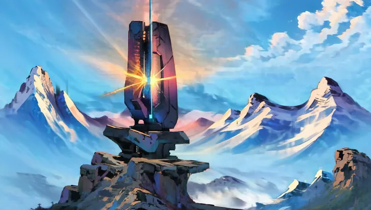 masterpiece, best quality, <lora:beamemitter-halo-richy-v1:1> (beamemitter:1.2), <lora:BobRoss1:1> mountain, mountainous horizon