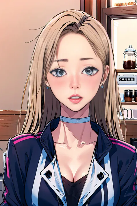 masterpiece, best quality, 1girl, upper body, long hair, blonde hair, blue eyes, pink lipstick, blush, wearing black choker, wearing earrings, wearing open jacket, looking at viewer, inside a coffee shop,