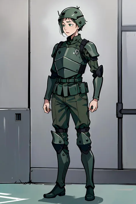 1girl,(solo),style of industrial improvisation,standing,in concrete barracks,full body,centered,very short hair,pixie cut,long sleeves,military uniform,pants,adult,mature female,body armor,(dark green clothes),chestplate,armored covering,helmet,masterpiece, best quality,absurdres, <lora:LORA-XenoDetailer-v2:0.1>