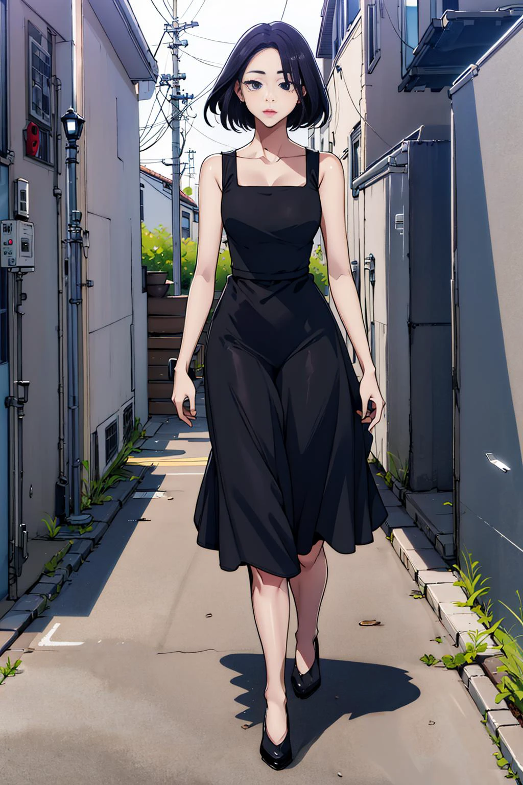 masterpiece, best quality, 1girl, full body, short hair, walking in alley, weaing black long dress