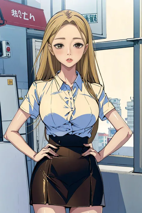 masterpiece, best quality, upper body, woman, pureerosface_v1, blonde hair, office lady, wearing skirt, standing, in front of convenience store,