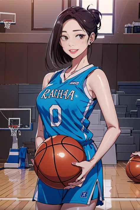 masterpiece, best quality, highres, depth of field, smiling, looking at viewer, 1girl, ulzzang-6500, pureerosface_v1, short hair, hair up, basketball uniform, tall, indoor stadium, holding a basketball,