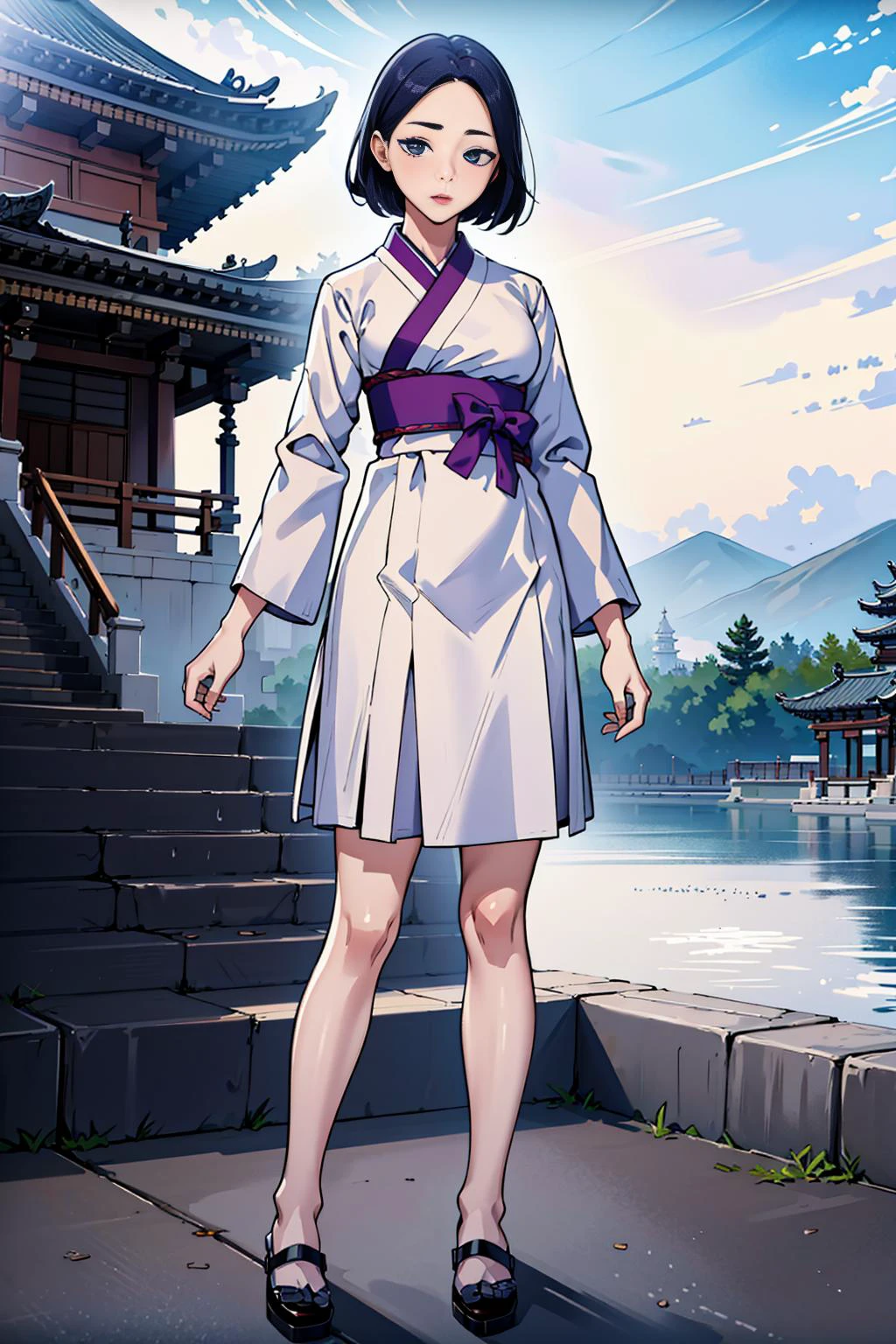 masterpiece, ultra-detailed, 1girl, full body, sfw, standing, real face, wearing hanbok, in front of temple