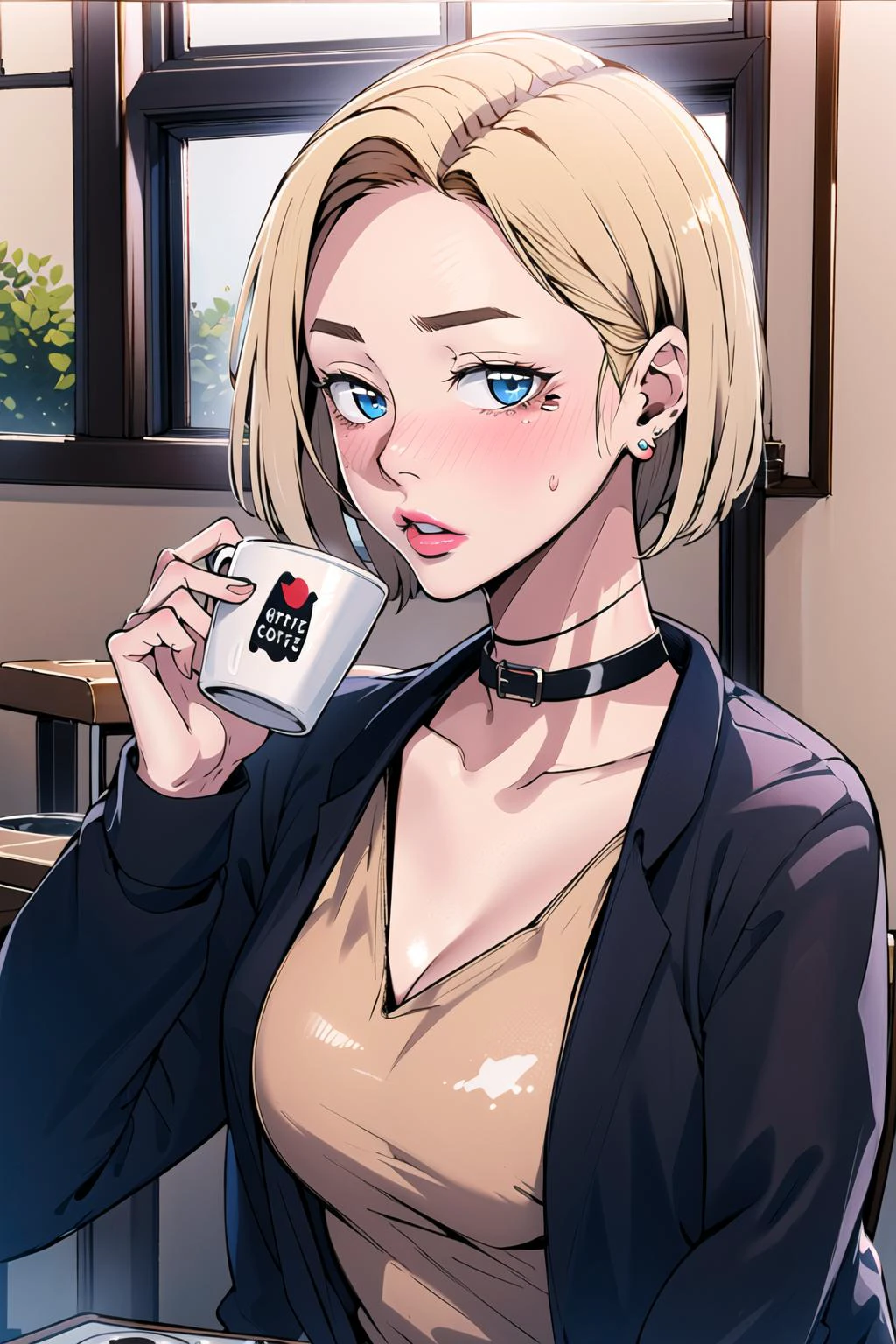 masterpiece, best quality, 1girl, upper body, short hair, blonde hair, blue eyes, pink lipstick, blush, wearing black choker, wearing earrings, wearing open jacket, looking at viewer, inside a coffee shop, there is a table in front with a cup of coffee,