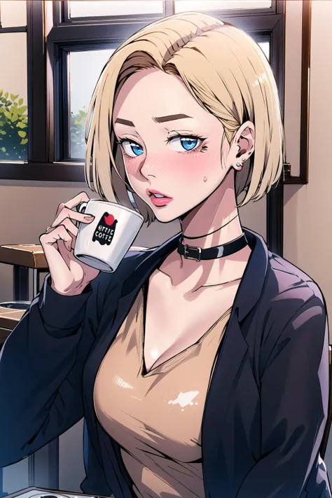masterpiece, best quality, 1girl, upper body, short hair, blonde hair, blue eyes, pink lipstick, blush, wearing black choker, wearing earrings, wearing open jacket, looking at viewer, inside a coffee shop, there is a table in front with a cup of coffee,